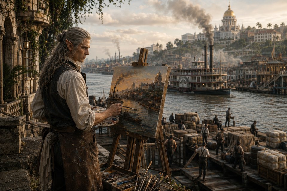 Illustrazione: un artista dipinge un porto al tramonto