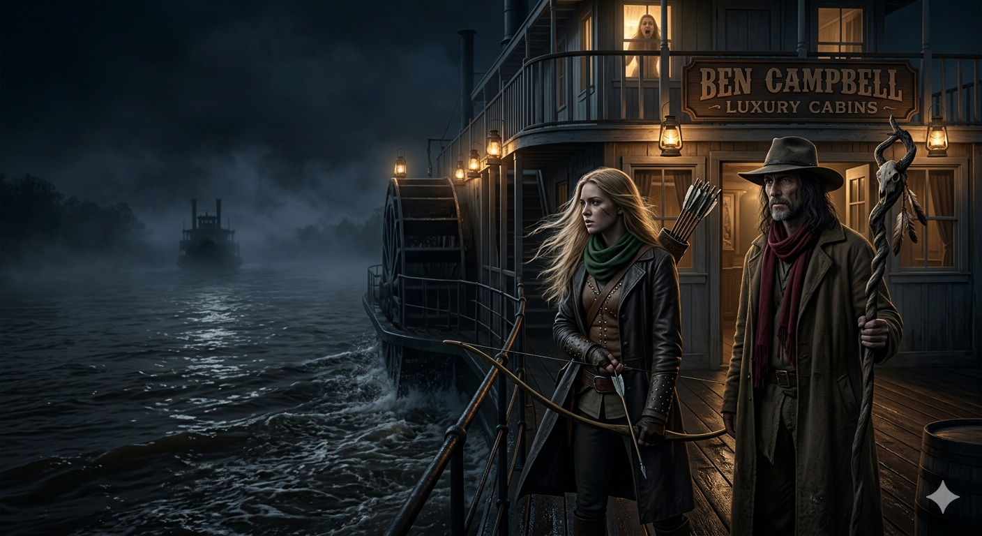 Dora e Leman sul ponte della Ben Campbell mentre una barca senza luci segue il battello nel buio